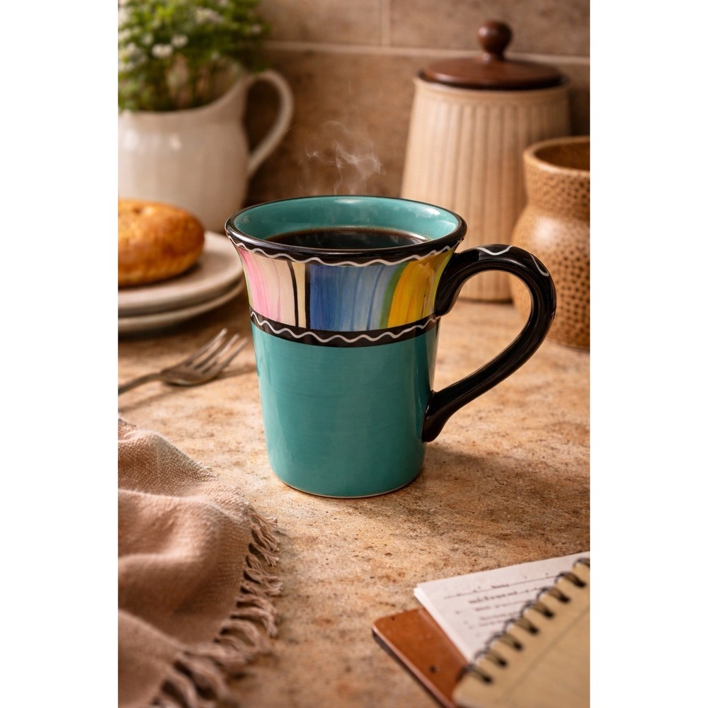 Certified International Nancy Green Teal Multi-Color Striped Ceramic Mug 4in Rim